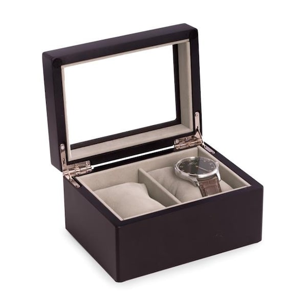 Bey Berk International Bey-Berk International BB689BLK Matte Black Wood 2 Watch Box with Glass Top Velour Lining & Pillows BB689BLK - main